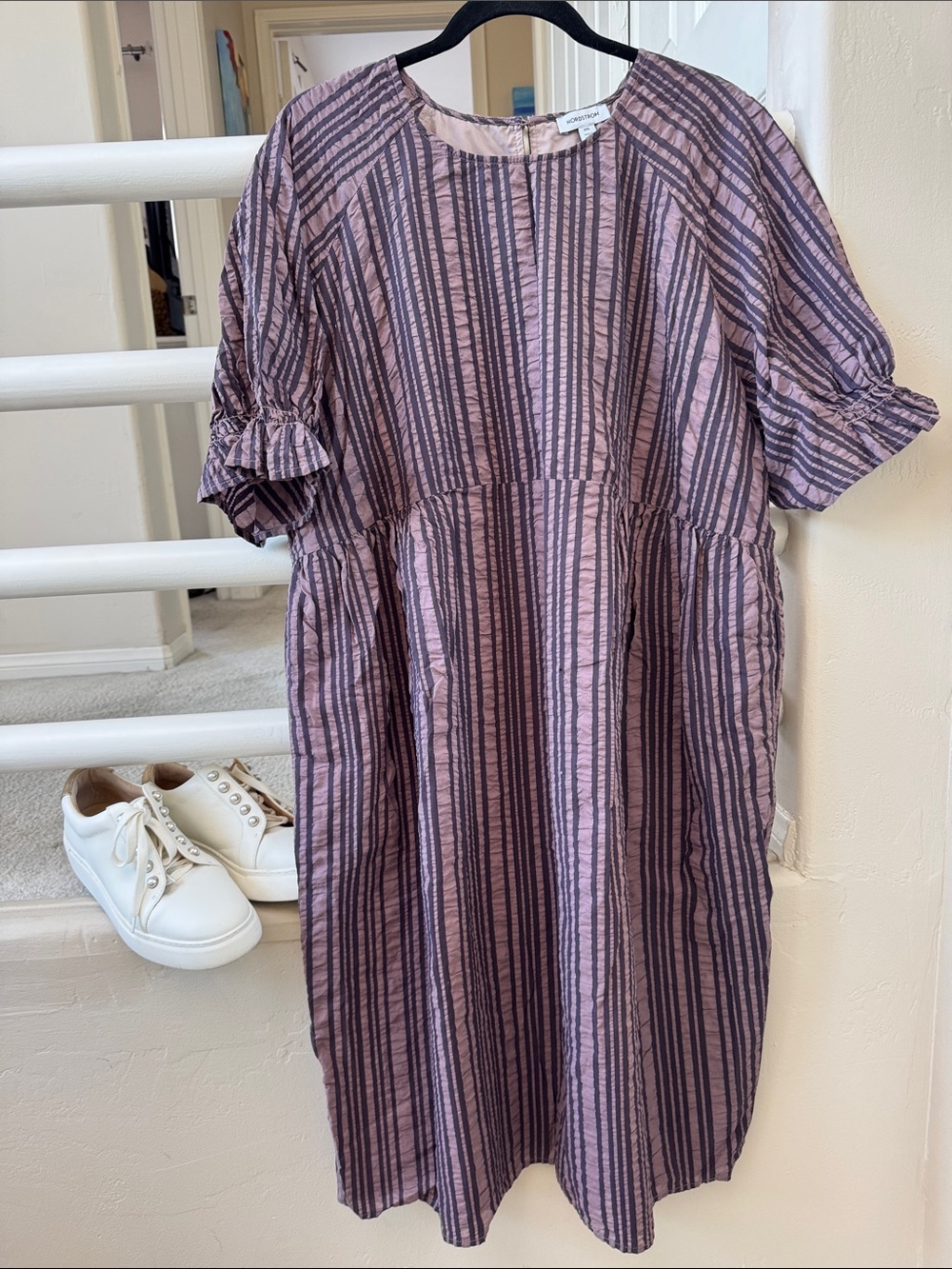 Nordstrom Mauve and Charcoal Striped Midi Dress with Puff Sleeves